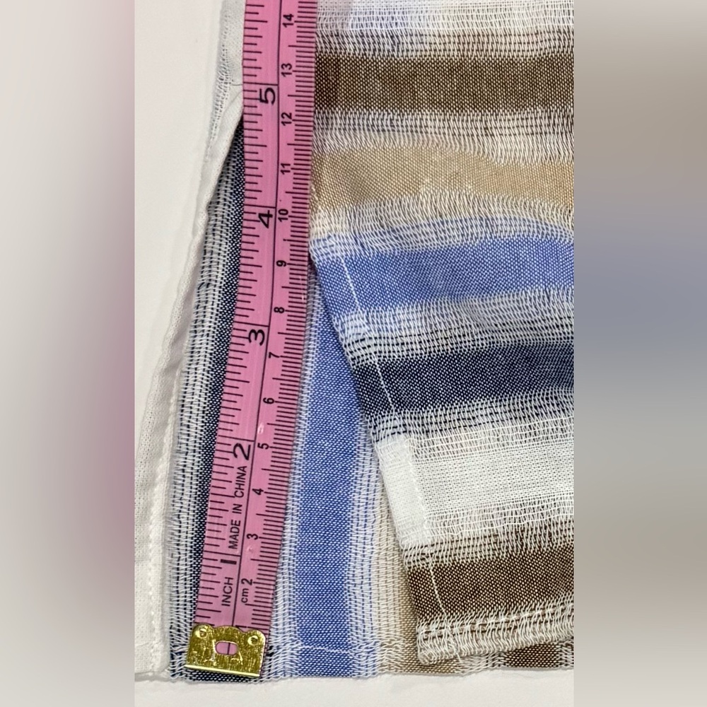 Striped Cotton Top Blue Tan Button Shoulder Relaxed Casual Blouse L - Picture 7 of 7